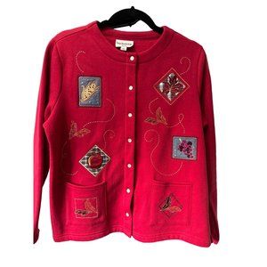 VTG Breckenridge women’s Petite M red fleece lined pearl snap appliqué cardigan